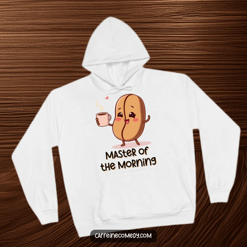 Funny hoodie showing a winking coffee bean juggling a steaming mug, ideal for staying warm and cheerful.
