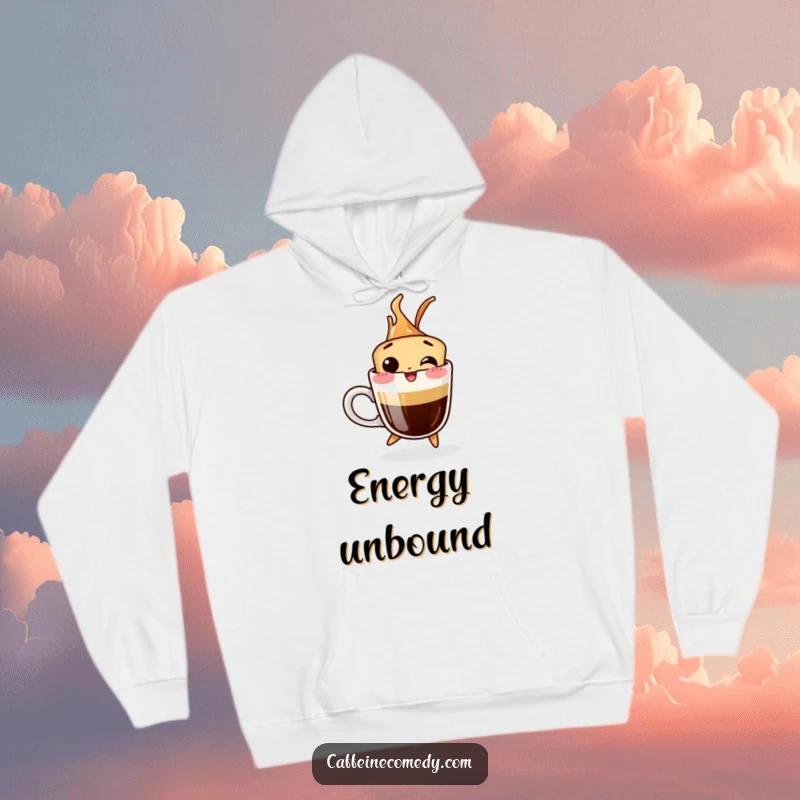 Funny hoodie design of a giggling espresso shot jumping energetically out of its cup, perfect for cozy fun.