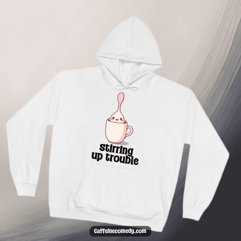 Funny kawaii stirring spoon character dancing joyfully inside a mug, printed on a cozy hoodie, ideal for a warm and humorous look.