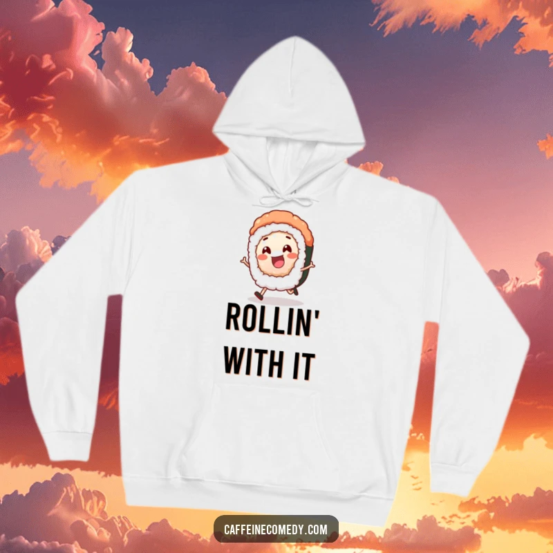 Funny sushi roll character energetically rolling along, featured on a soft and warm hoodie for maximum comfort and humor.