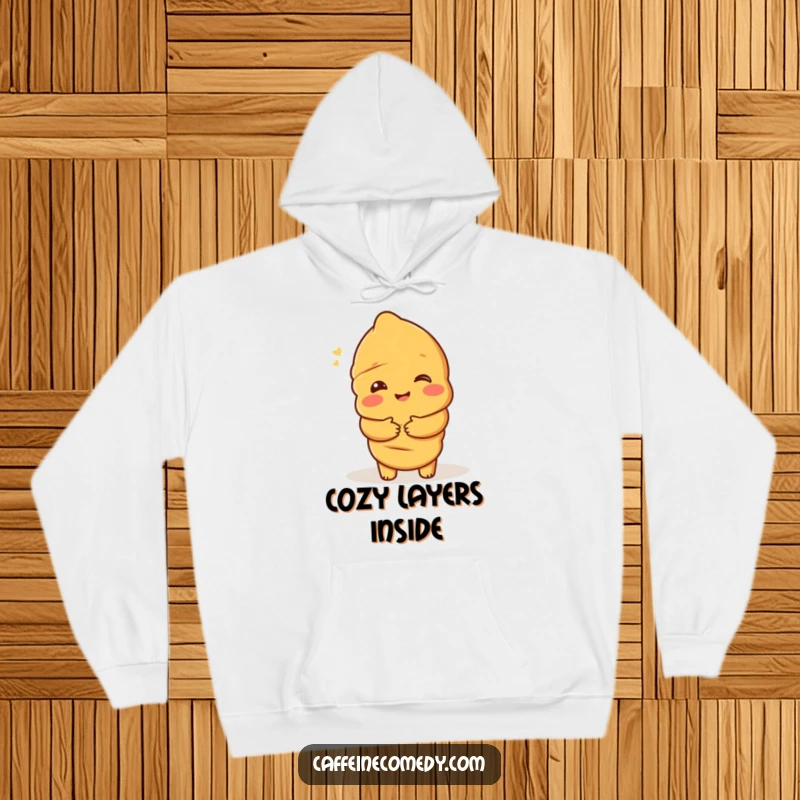Funny hoodie featuring a delighted croissant character offering a warm hug, perfect for cozy days and sweet comfort.