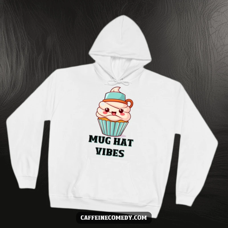 Funny Kawaii cupcake character wearing a coffee mug hat, cozy hoodie design for maximum warmth and sweet vibes.