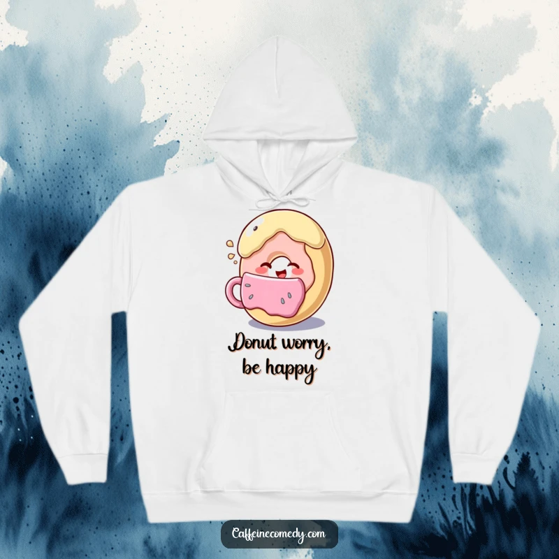 Funny donut character winking while sipping a huge coffee cup, soft and warm hoodie for ultimate coffee-loving comfort.