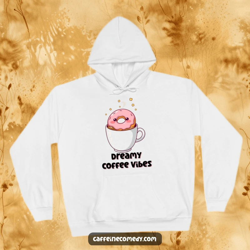 Funny kawaii doughnut floating in coffee, cozy hoodie, warm and comfortable, sweet and humorous design.