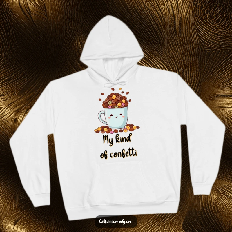 Funny hoodie design of a happy mug overflowing with colorful coffee beans, embodying warmth and caffeine.