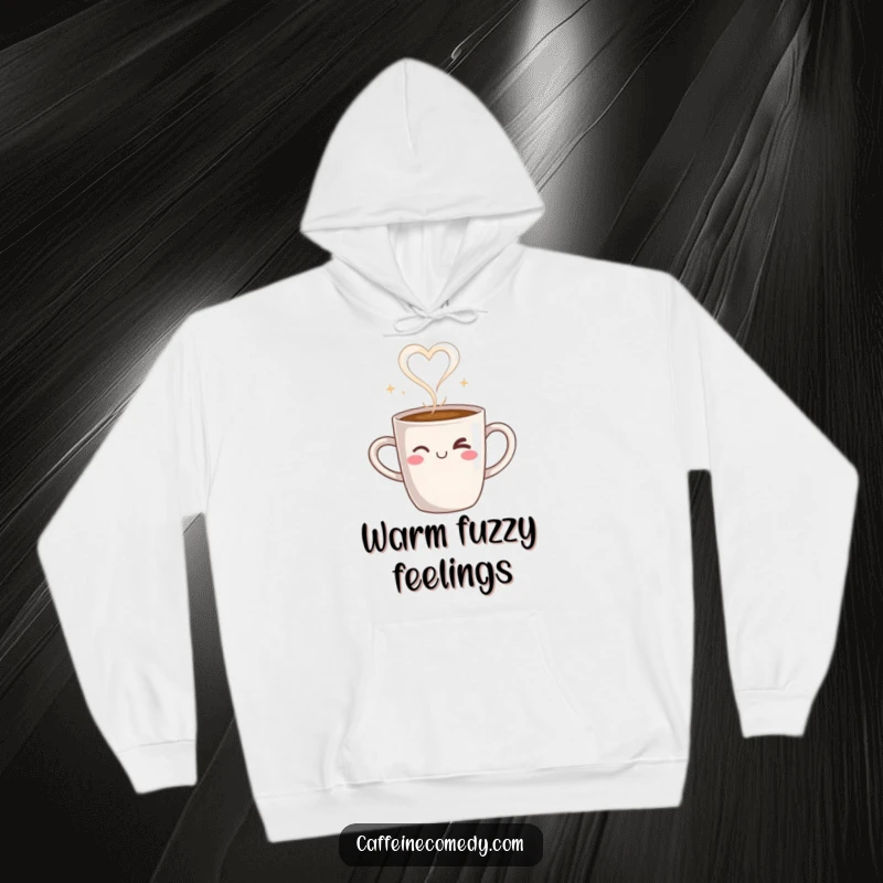 Funny hoodie featuring a steaming coffee mug character with a wink and heart-shaped steam, embodying cozy warmth and affection.