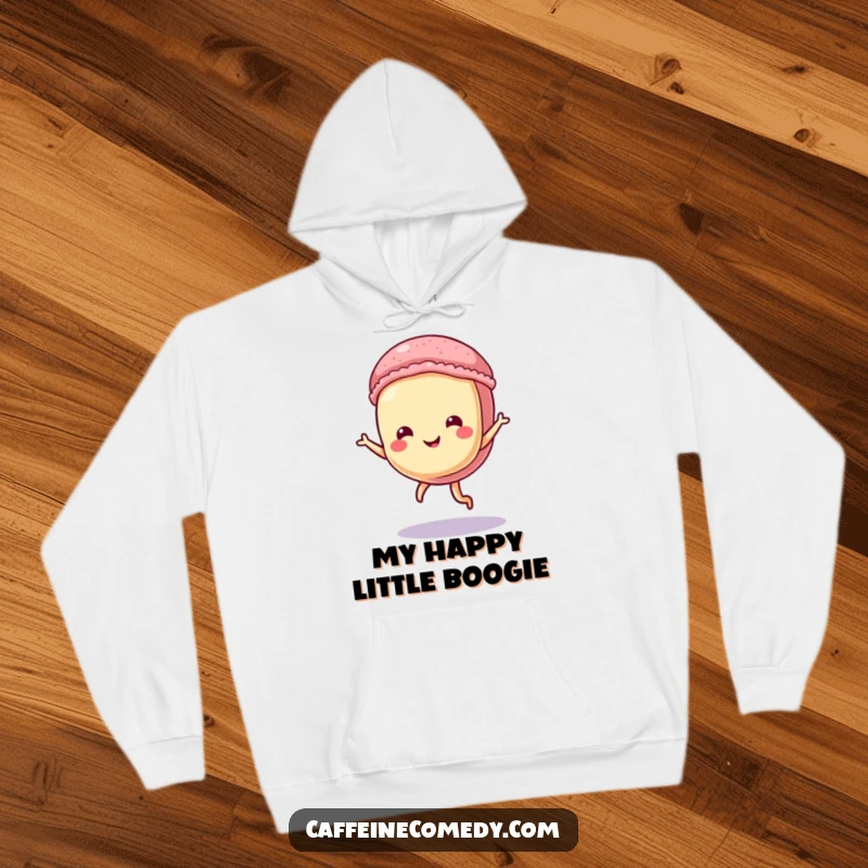Funny Macaron Hoodie: A cute macaron character dancing with joy, perfect for fans of adorable and funny apparel.