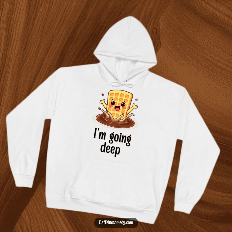 Funny, enthusiastic kawaii waffle excitedly splashing in a pool of coffee, featured on a warm, cozy hoodie.