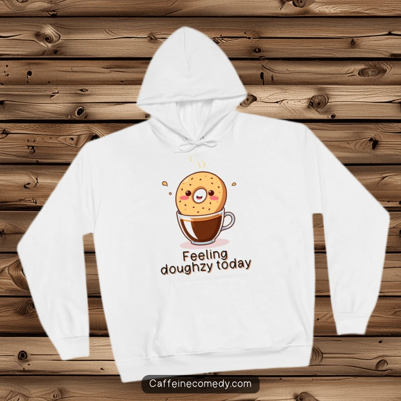 Funny, cute kawaii bagel energetically bopping in a coffee mug, depicted on a warm, comfortable hoodie.