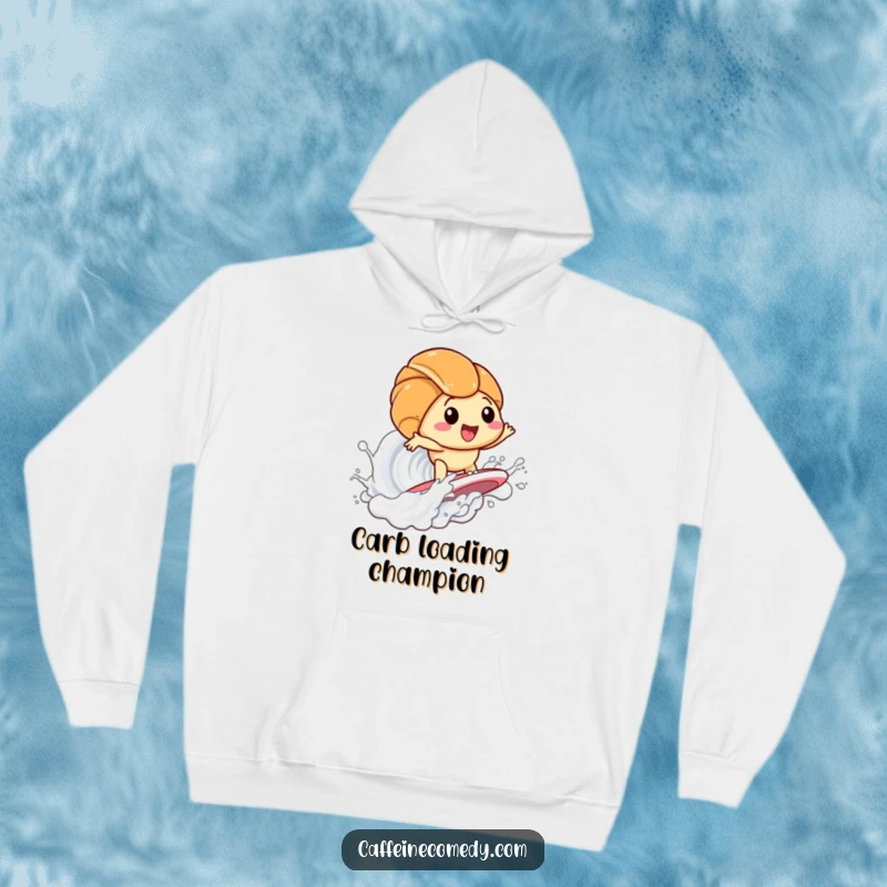 Funny Kawaii Croissant Surfing Milk Hoodie: Comforting hoodie featuring a cute croissant surfing a milk wave, ideal for warmth and smiles. Hilarious graphic.