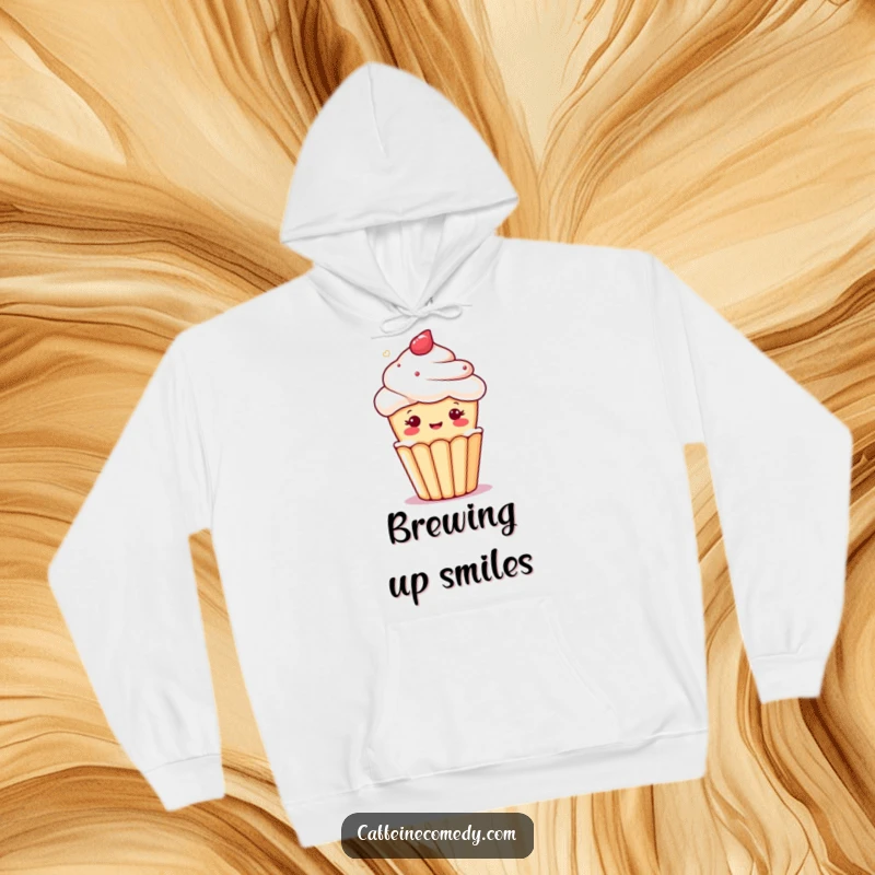 Funny kawaii cupcake character winking charmingly from a foamy brew, on a soft and cozy hoodie.