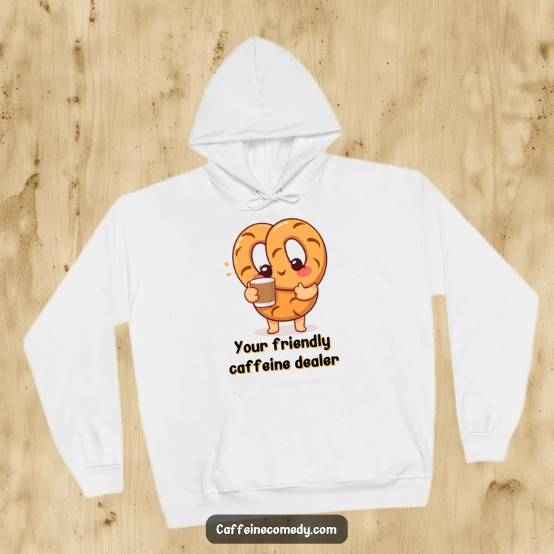 Funny hoodie with a curious pretzel character offering a coffee cup with a friendly wink, perfect for cozy and humorous wear.