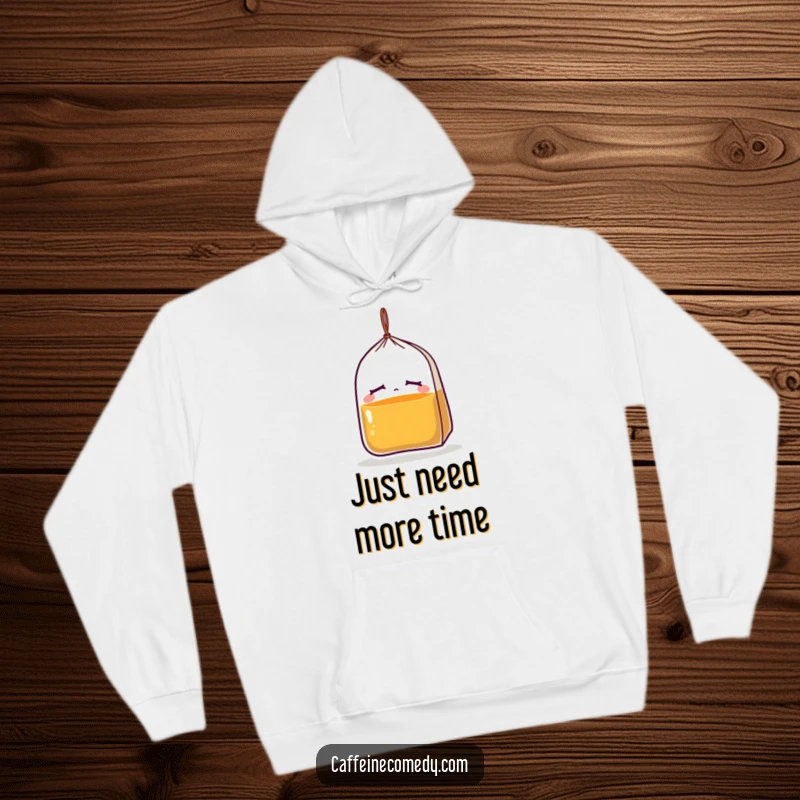 Funny hoodie showcasing a droopy, sleepy tea bag character, ideal for fans of comfort and lighthearted humor, perfect for chilly days.