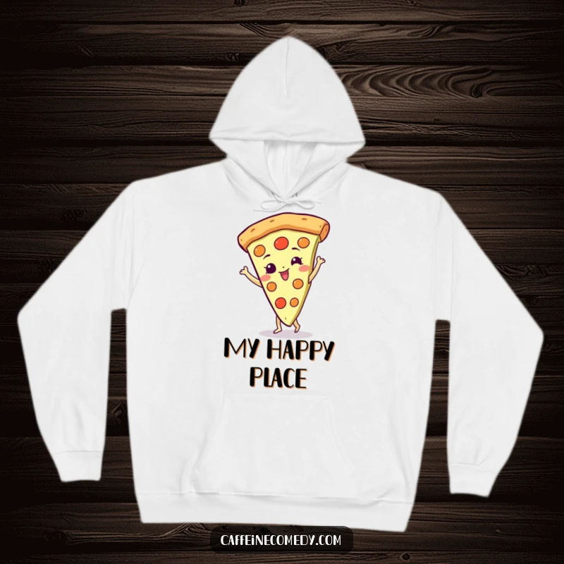 Funny Pizza Hoodie: A gleeful pizza slice character spinning in circles, bringing warmth and humor.