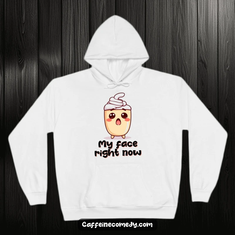 Funny hoodie featuring a shocked latte character, ideal for coffee lovers seeking warmth and a humorous, eye-catching design.