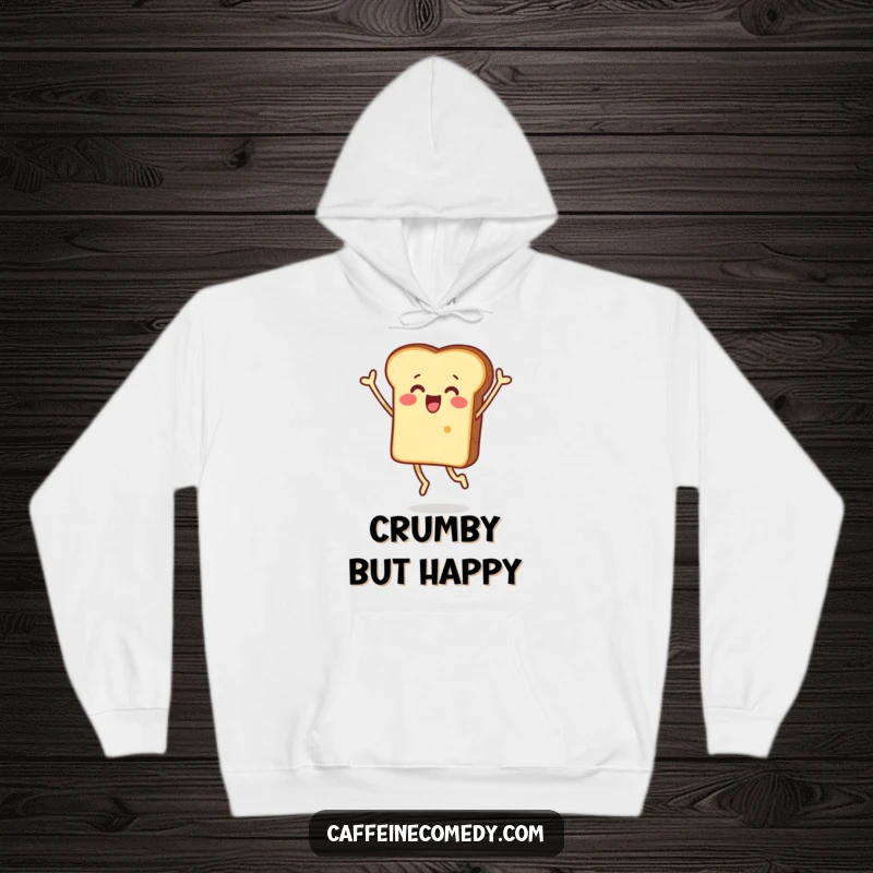 Funny hoodie showcasing a surprised piece of toast character jumping with excitement, radiating warmth and playful energy.