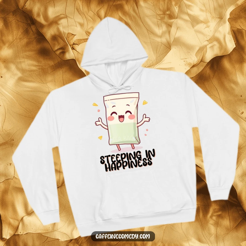 Funny hoodie featuring a playful tea bag character enthusiastically dunking itself, offering cozy comfort and tea-time cheer.