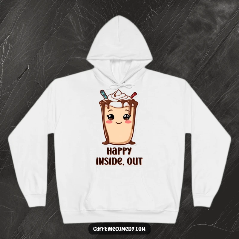 Funny hoodie showcasing a cheerful mocha character, adorned with chocolate drizzle forming a joyful smiley face.