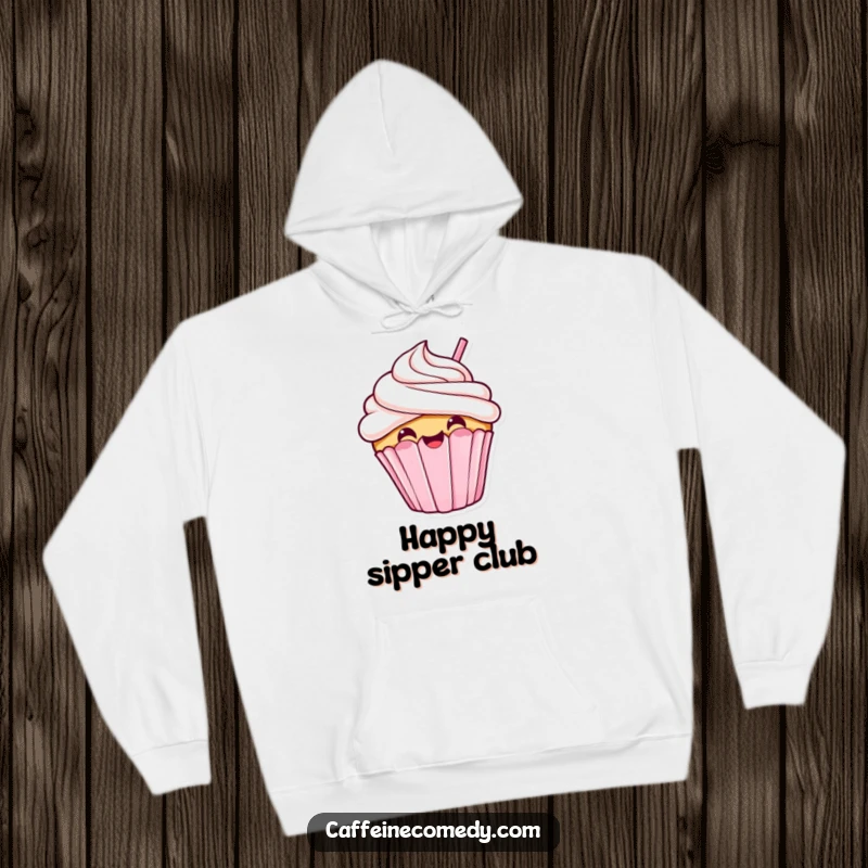 Funny kawaii cupcake sipping happily, cozy hoodie, warm and comfortable, adorable sweet humor.