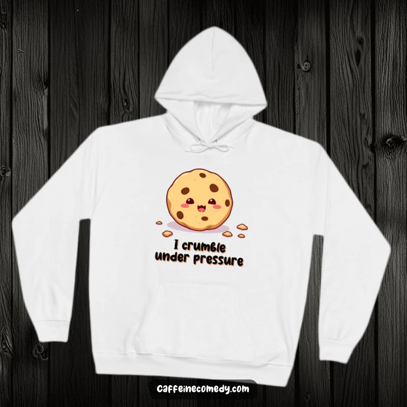 Funny hoodie design of a mischievous cookie leaving a trail of crumbs, embodying playful indulgence and comfort.