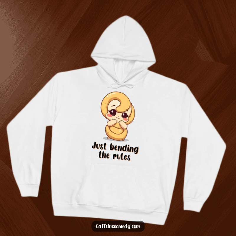 Funny pretzel hoodie depicting a curious pretzel character in the process of unraveling, perfect for cozy contemplation.