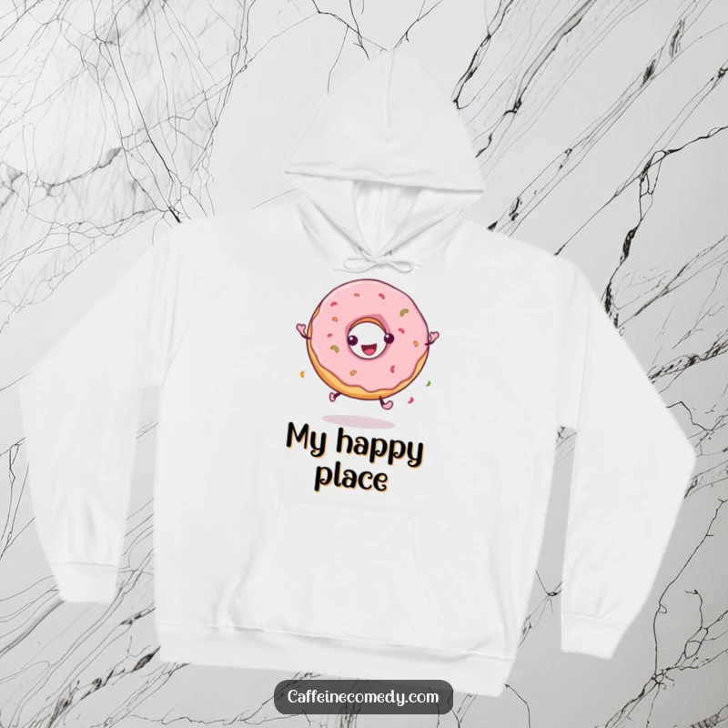 Funny hoodie showcasing a delightful donut character in a joyful spin, radiating warmth and playful energy.