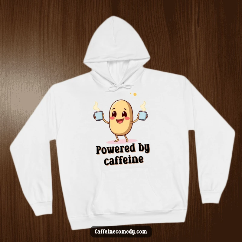 Funny hoodie featuring a happy coffee bean character comically juggling steaming mugs, perfect for cozy coffee breaks.