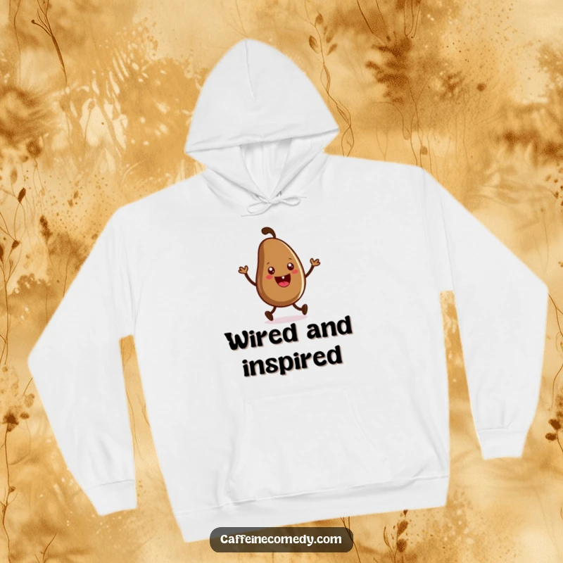 Funny hoodie showcasing a grinning coffee bean character energetically dancing a jig, perfect for staying warm and spirited.
