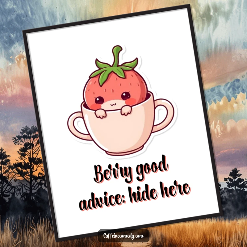 Funny Free Printable Wall Art: A mischievous Kawaii strawberry character hiding playfully inside a coffee mug.