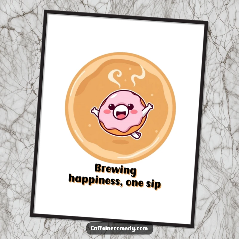 Funny Free Printable Kawaii Donut Wall Art: A smiling donut character gleefully jumping into a steaming mug of latte.