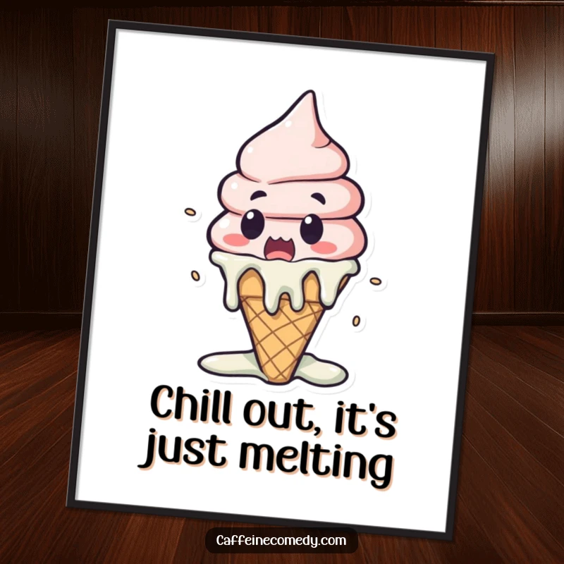 Funny Free Printable Wall Art: A Kawaii ice cream cone melting dramatically while looking utterly surprised.
