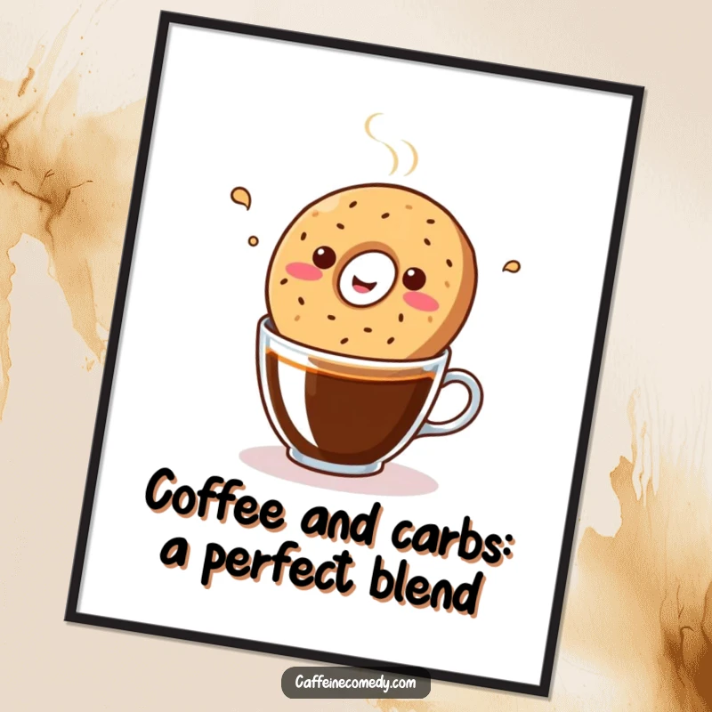Funny Free Printable Wall Art: Kawaii smiling bagel energetically bopping in a steaming cup of coffee, pure breakfast joy.