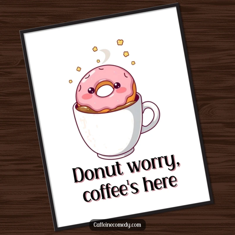 Funny Free Printable Wall Art: A smiling kawaii doughnut blissfully floating in a steaming mug of coffee.
