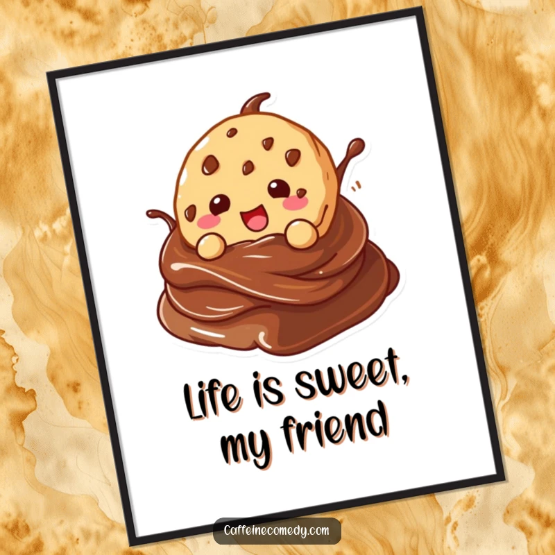 Funny Free Printable kawaii cookie art piece, diving into a chocolate swirl, adding a sweet vibe.