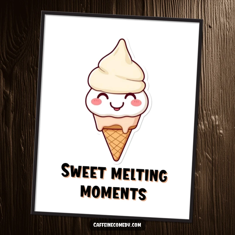 Funny free printable wall art featuring a smiling ice cream cone character cheerfully melting, creating a whimsical vibe.