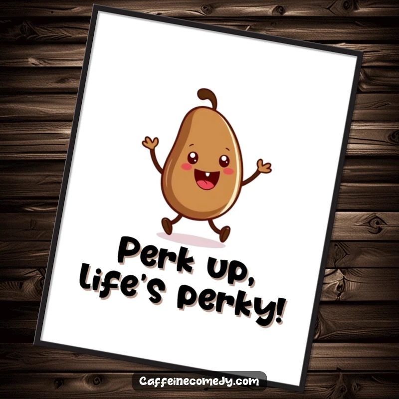 Funny Free Printable Wall Art: A grinning coffee bean character is caught mid-dance, performing a joyful and energetic jig.