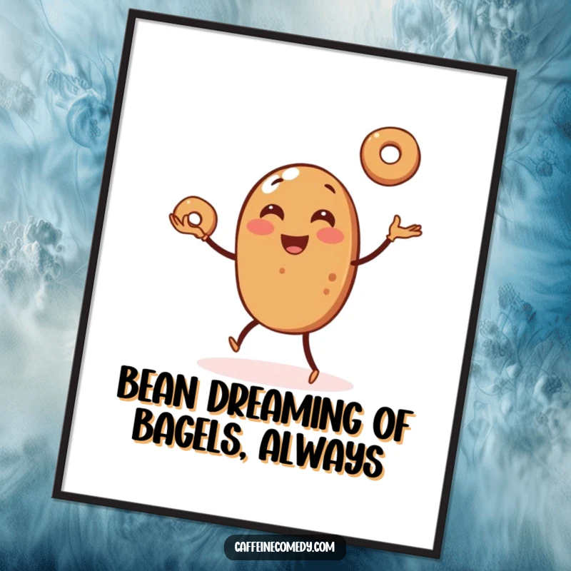 Funny Free Printable Wall Art: Cheerful coffee bean in mid-air juggling three tiny bagels, a humorous and vibrant piece of decor.