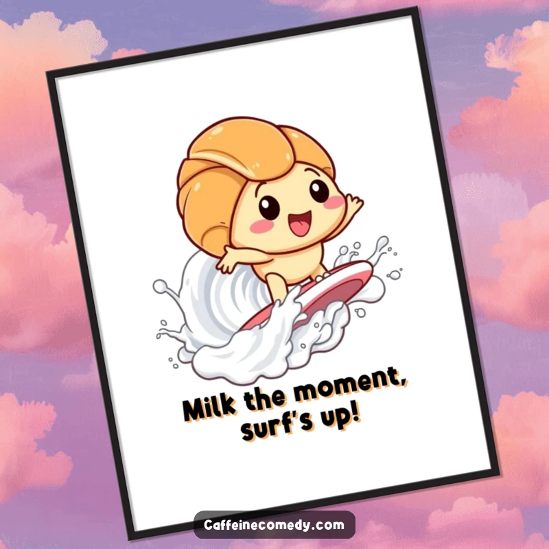 Funny Free Printable Wall Art: Adorable kawaii croissant masterfully surfs a dynamic milk wave with pure glee.