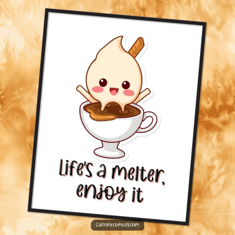 Funny Free Printable Wall Art: Happy ice cream character melting blissfully into a hot coffee.