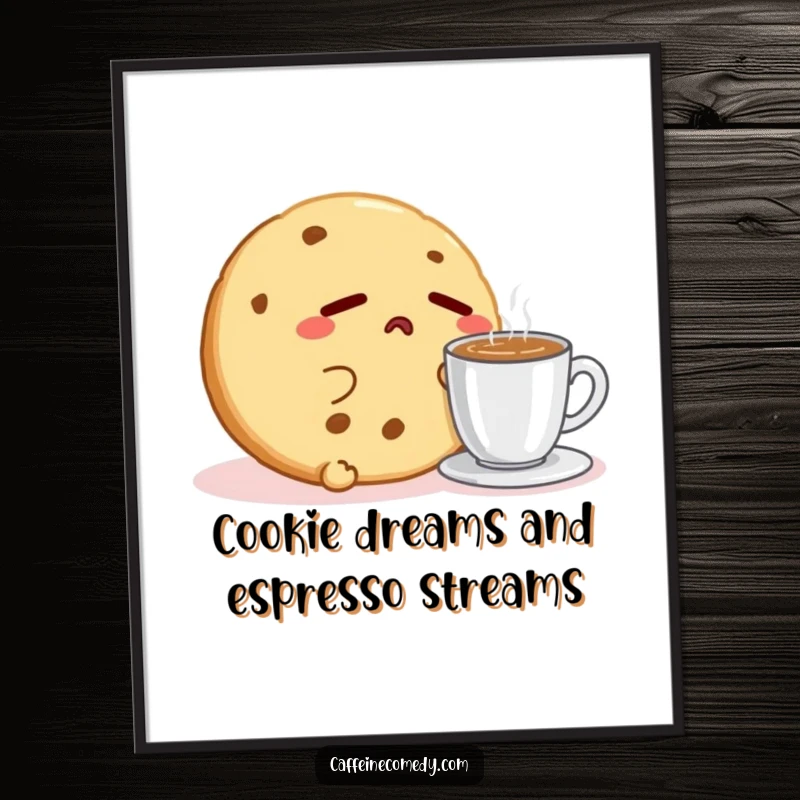 Funny Free Printable Wall Art: A sleepy Kawaii cookie character yawning next to a steaming cup of espresso.