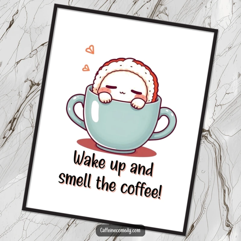 Funny Free Printable Wall Art: Utterly cute kawaii sushi character catches some Zs inside a coffee mug.