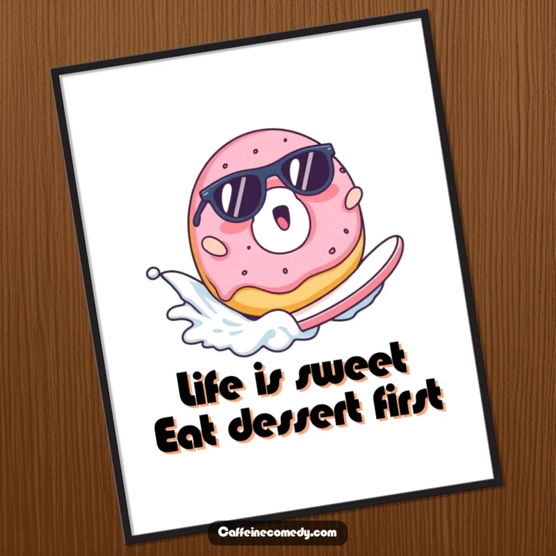 Funny Free Printable Wall Art: A surprised donut in sunglasses surfs a wave of milk, bringing quirky fun.