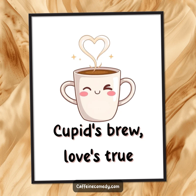 Funny Free Printable Wall Art: A steaming coffee mug character winks, its steam forming a perfect heart shape, radiating warmth.