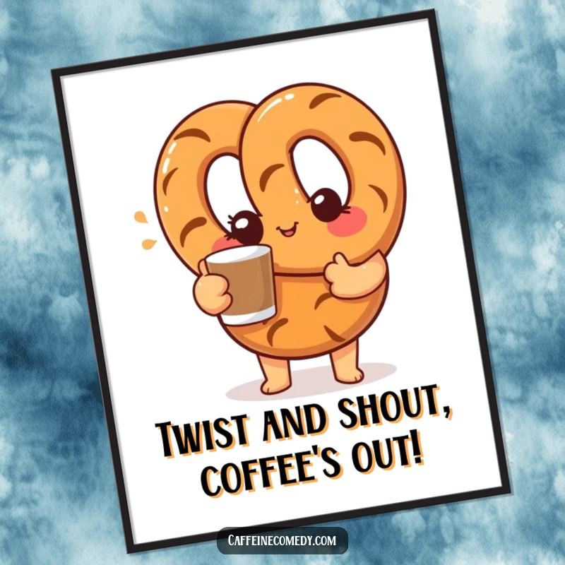 Funny Free Printable Wall Art: A curious pretzel character winks charmingly while offering a coffee cup.