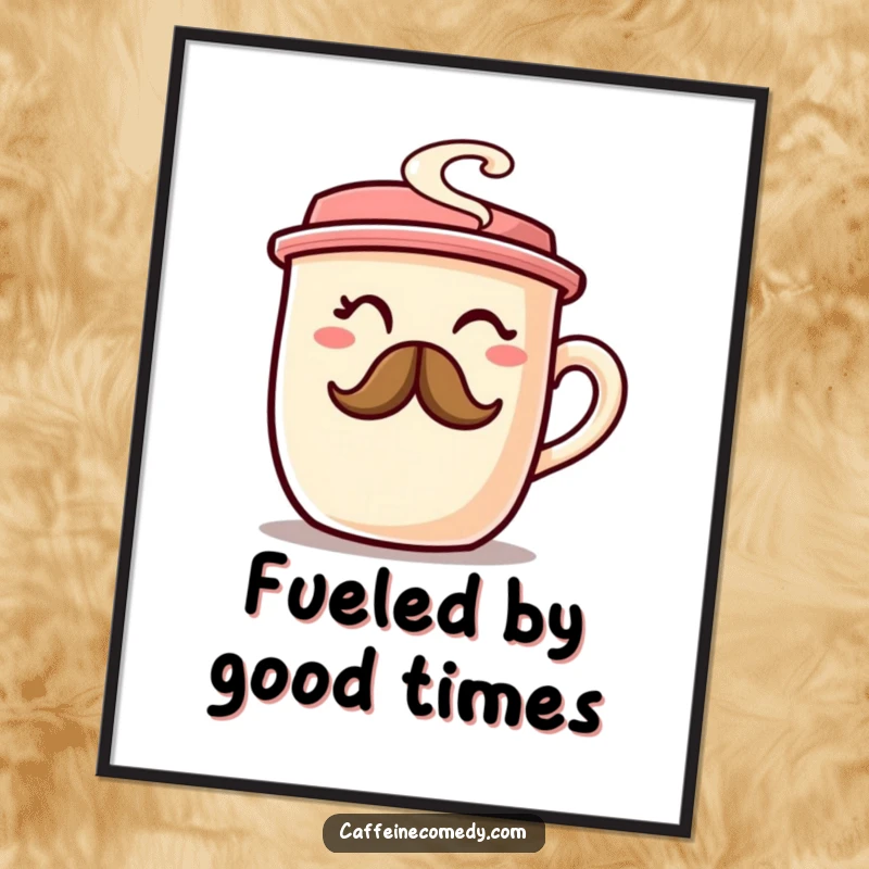 Funny Free Printable Wall Art: A chubby coffee cup winking with a distinct steam mustache, representing cozy mornings and good cheer.