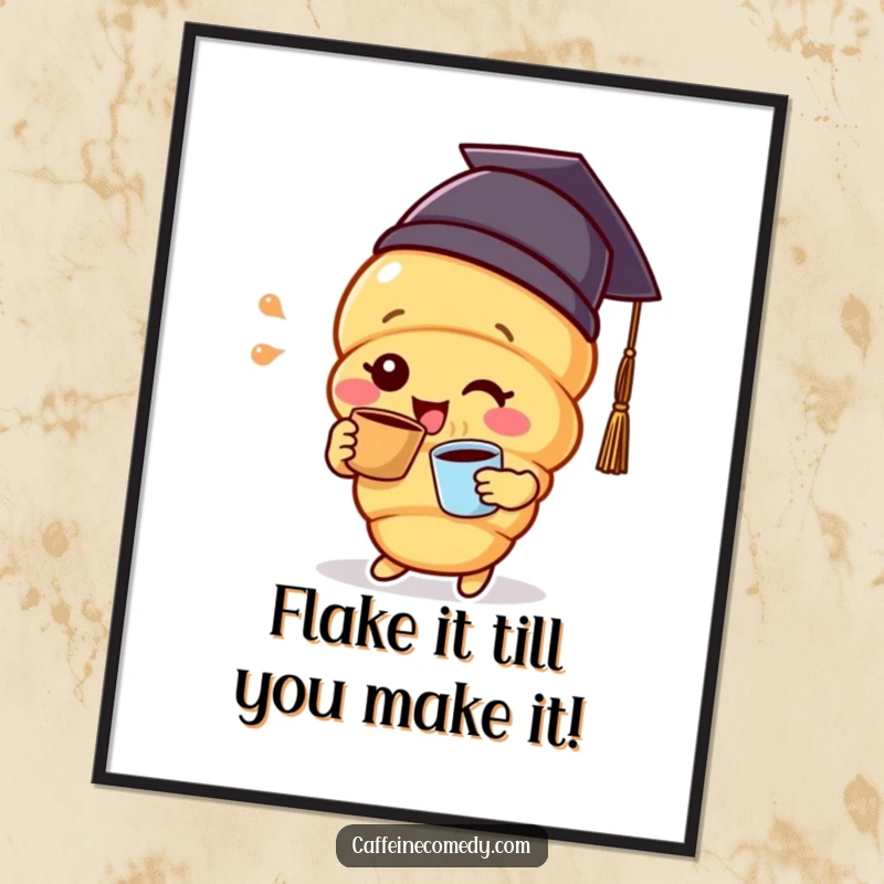 Funny Free Printable Wall Art: Delighted croissant character wearing a tiny graduation cap, sipping coffee, looking scholarly.