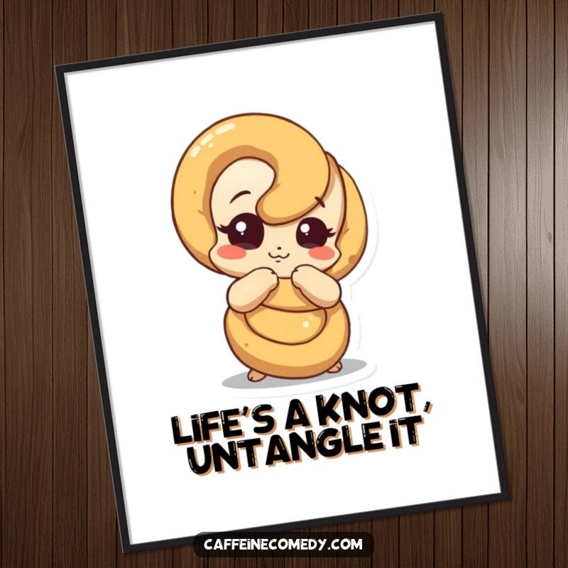 Funny free printable wall art depicting a curious pretzel character comically unraveling, adding a touch of whimsy to any room.