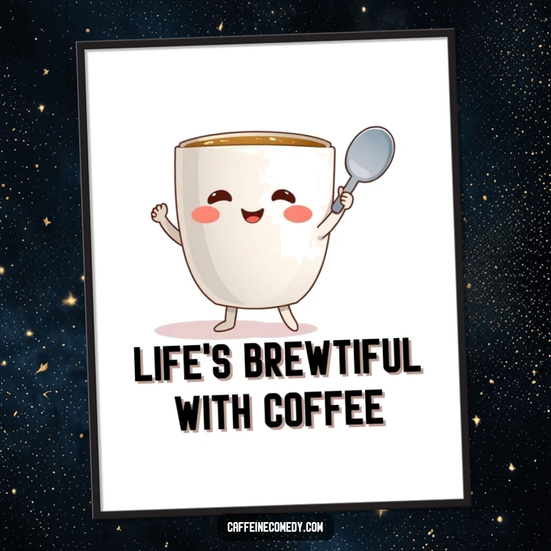 Funny free printable wall art of a cute, smiling coffee mug character doing a happy dance while holding a spoon.