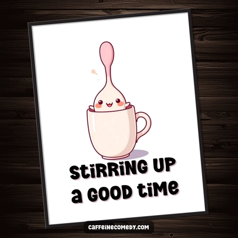 Funny Free Printable Wall Art: Kawaii stirring spoon character joyfully dancing inside a mug, adding a splash of fun.