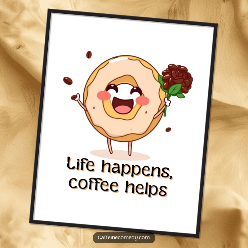 Funny free printable wall art of a happy donut hole character enthusiastically offering a creative bouquet made of coffee beans.